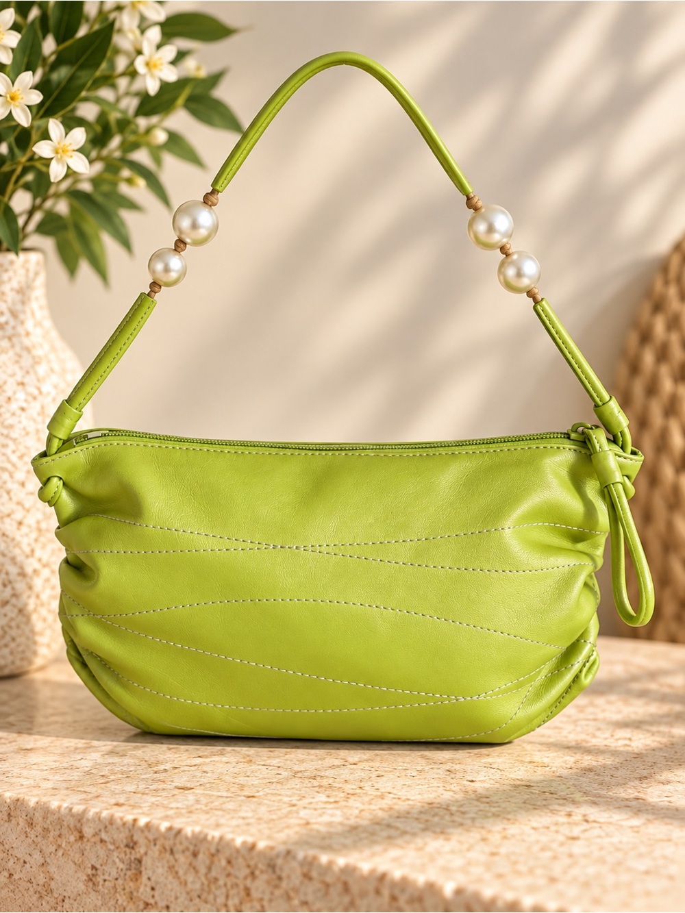 Vintage Y2K Furla Lime Green Leather Pearl Shoulder Bag Made in Italy old money